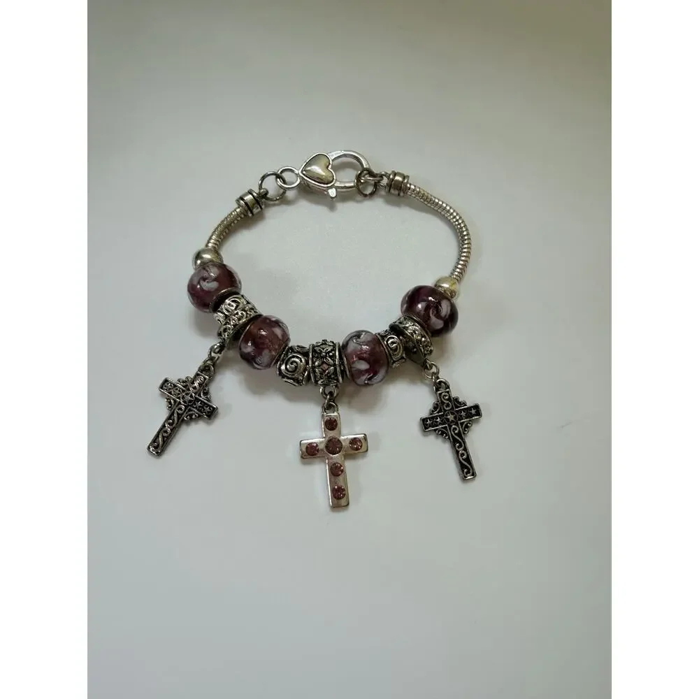CROSS FAITH DANGLE CHARM BRACELET PURPLE‎ SILVERTONE CHUNKY 8” Y2K